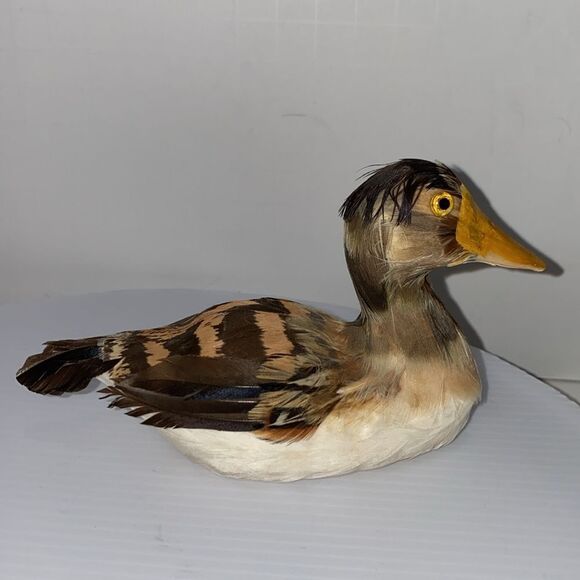Vintage Hollow Wooden Duck With Real Feathers Brown Tan White - Picture 1 of 9
